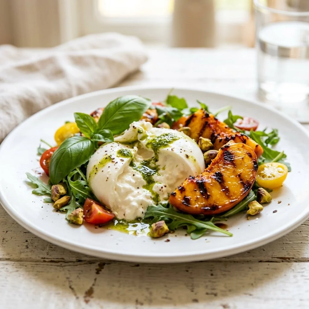 Grilled Peach and Burrata Salad with Basil Oil