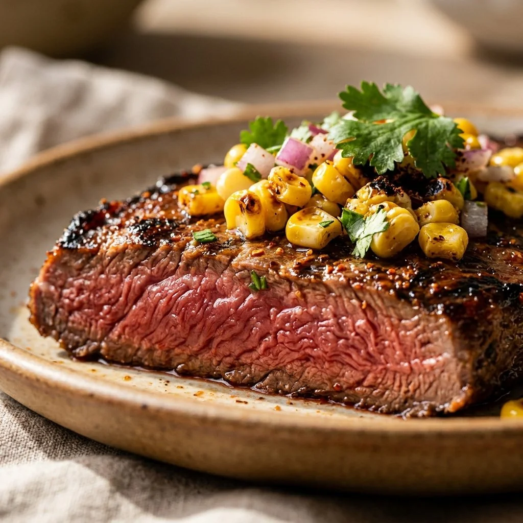 Grilled Tajin flank steak served with vibrant corn salsa on a plate