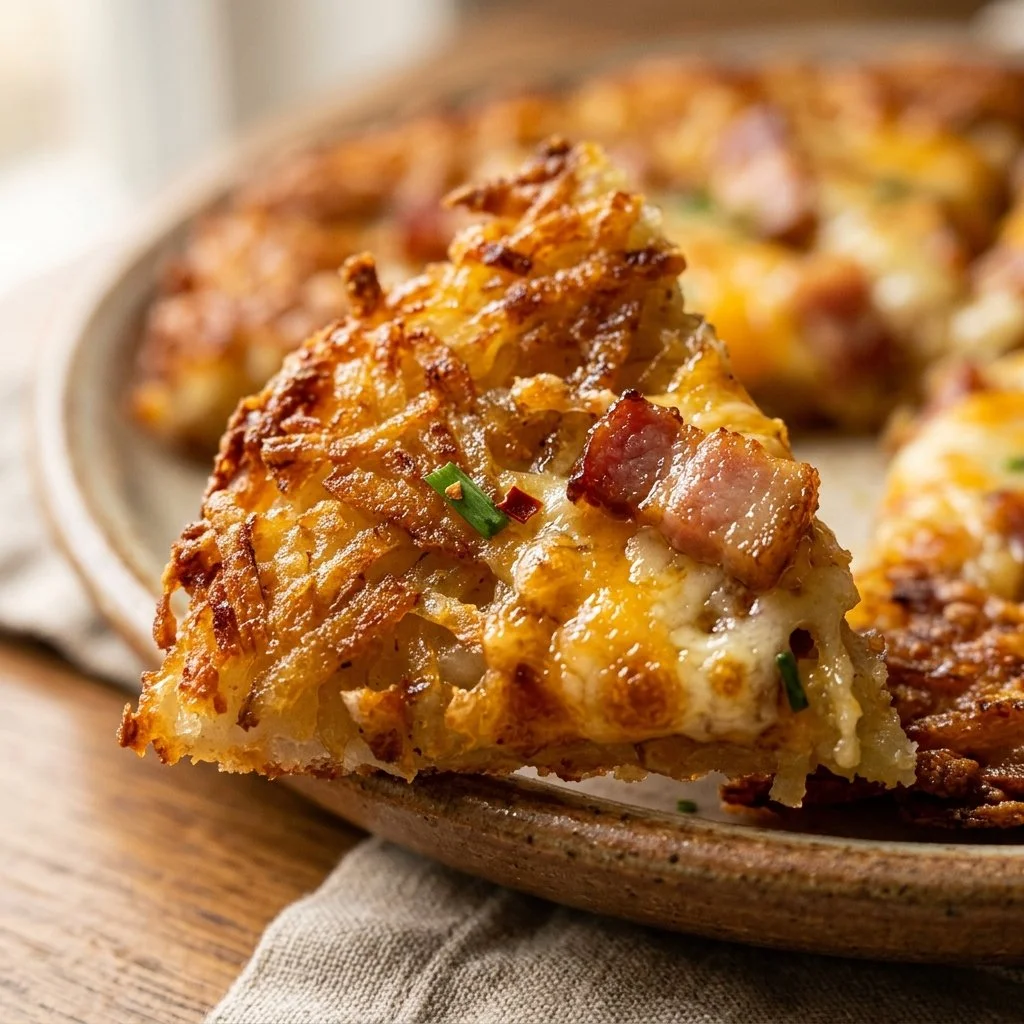 Hash Brown Crust Breakfast Pizza with eggs, cheese, and toppings