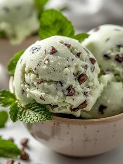 Healthy mint chocolate chip ice cream served in a bowl with chocolate chips and mint leaves