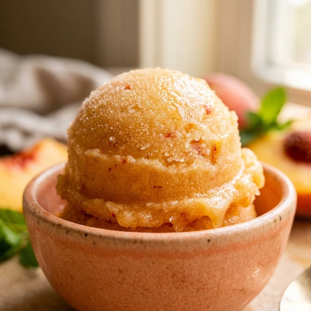 Delicious healthy peach sorbet made with Ninja Creami.