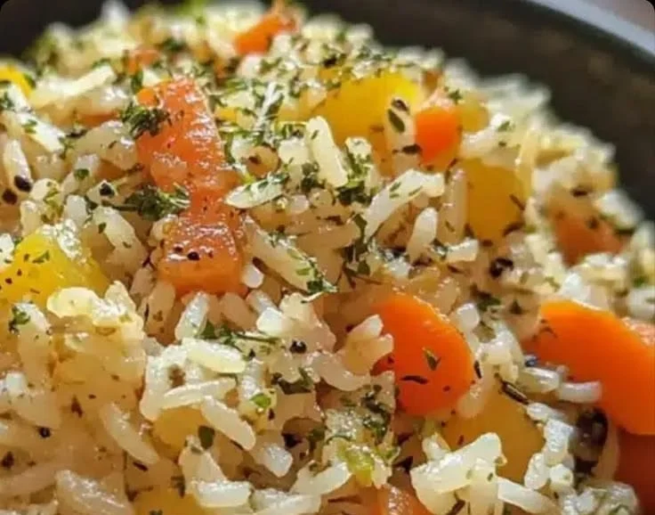 Bowl of herbed vegetable rice garnished with fresh herbs and colorful vegetables