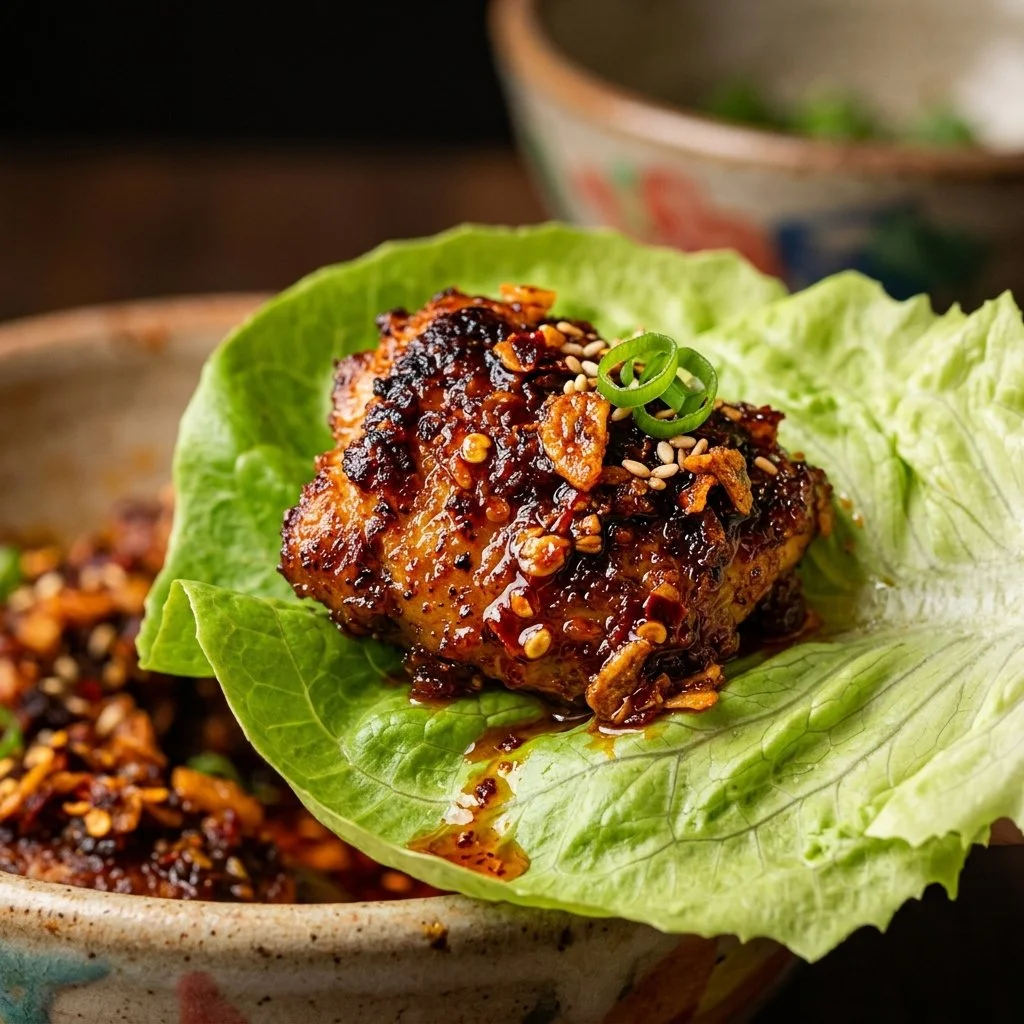 High-Protein Chili Crunch Chicken Lettuce Wraps served on a plate