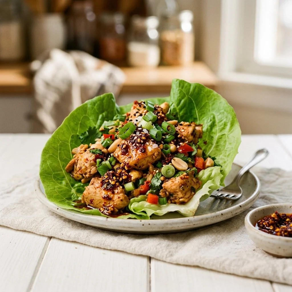 High-Protein Chili Crunch Chicken Lettuce Wraps