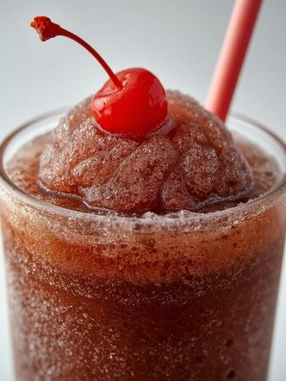 Delicious homemade cherry cola slushie in a glass with ice