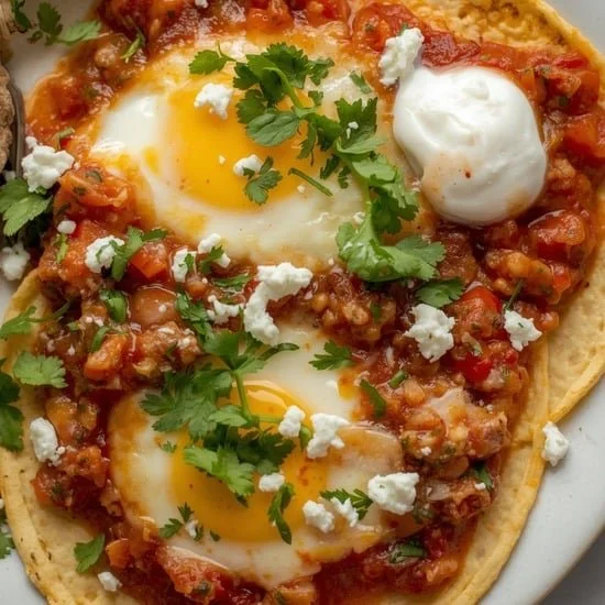 Plate of Huevos Rancheros with eggs, tortillas, and salsa