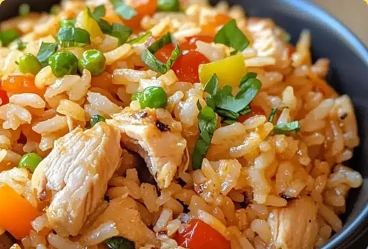 Instant Pot turkey rice dish served with vegetables and herbs