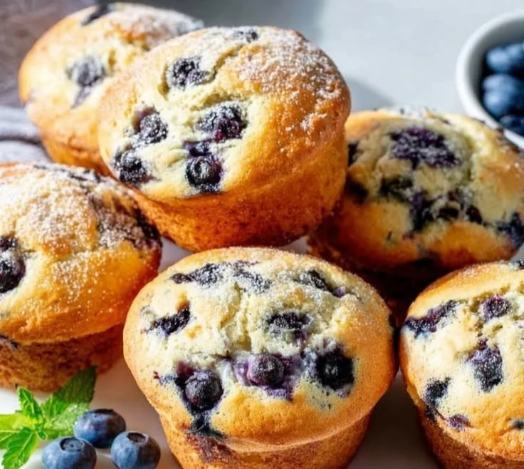 Freshly baked jumbo blueberry muffins with plump blueberries