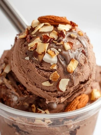 Keto Almond Joy Ice Cream in a bowl topped with almonds and coconut flakes.