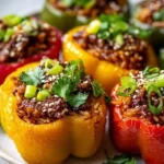 Korean beef bulgogi stuffed bell peppers garnished with sesame seeds