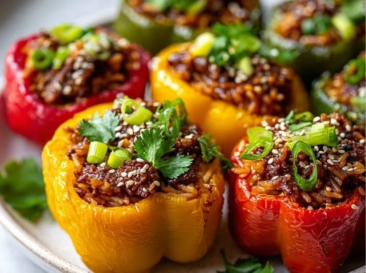 Korean beef bulgogi stuffed bell peppers garnished with sesame seeds