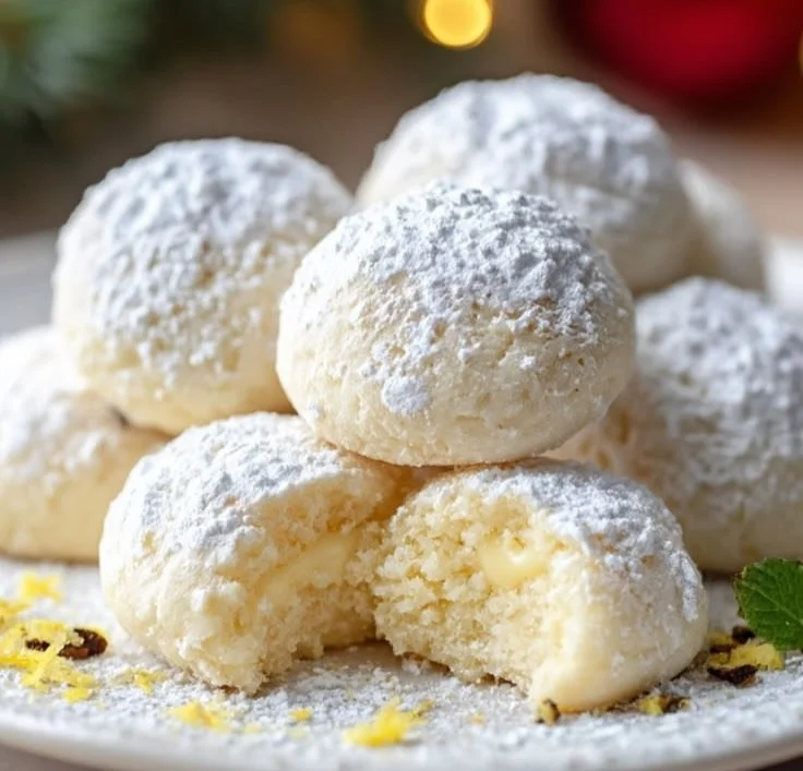 Lemon Cream Snowball Cookies on a plate dusted with powdered sugar
