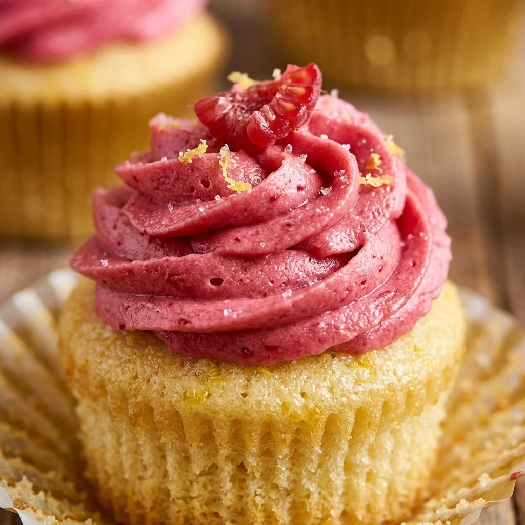 Lemon cupcakes topped with raspberry frosting in a decorated display.