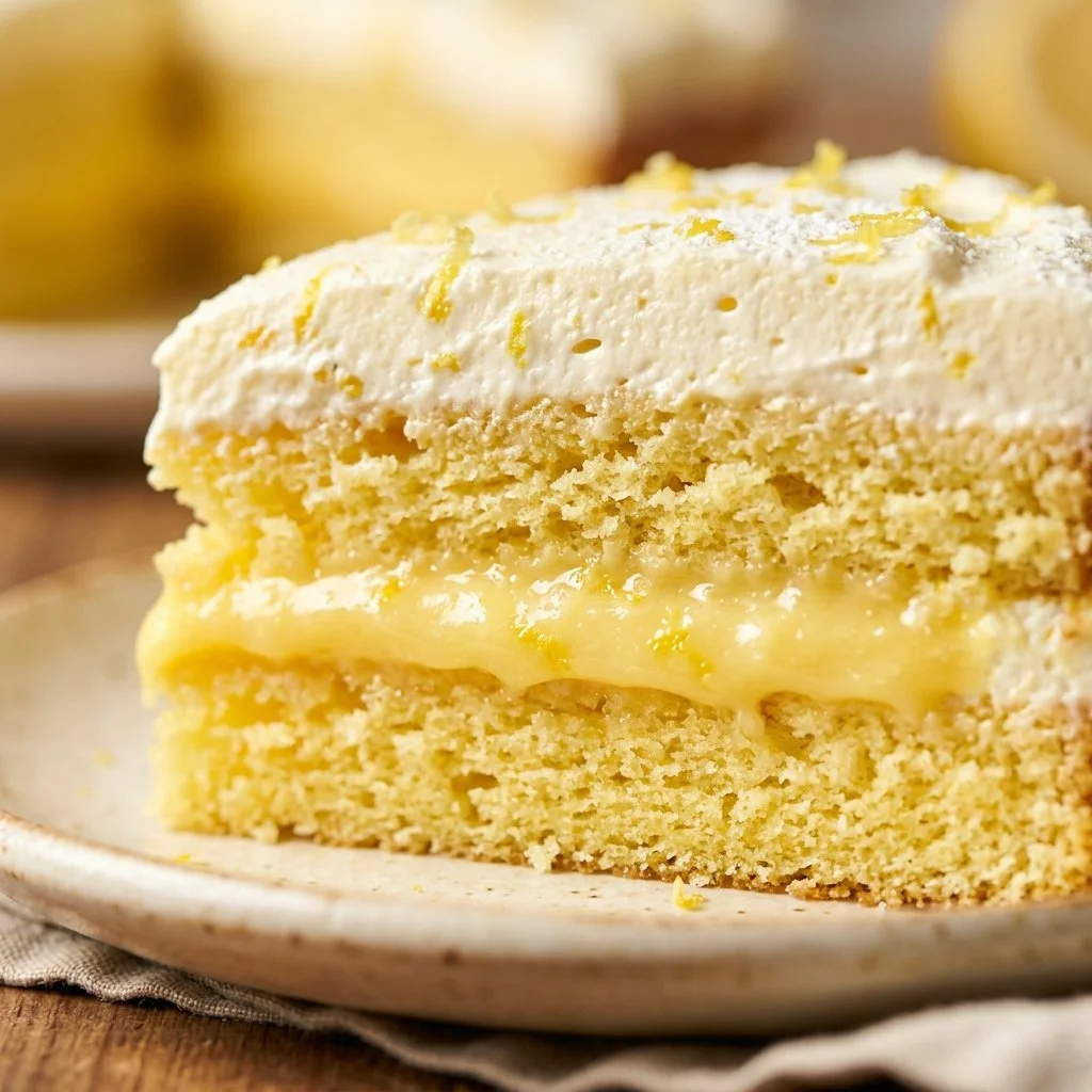 A delicious slice of lemon icebox cake served on a plate with lemon slices.