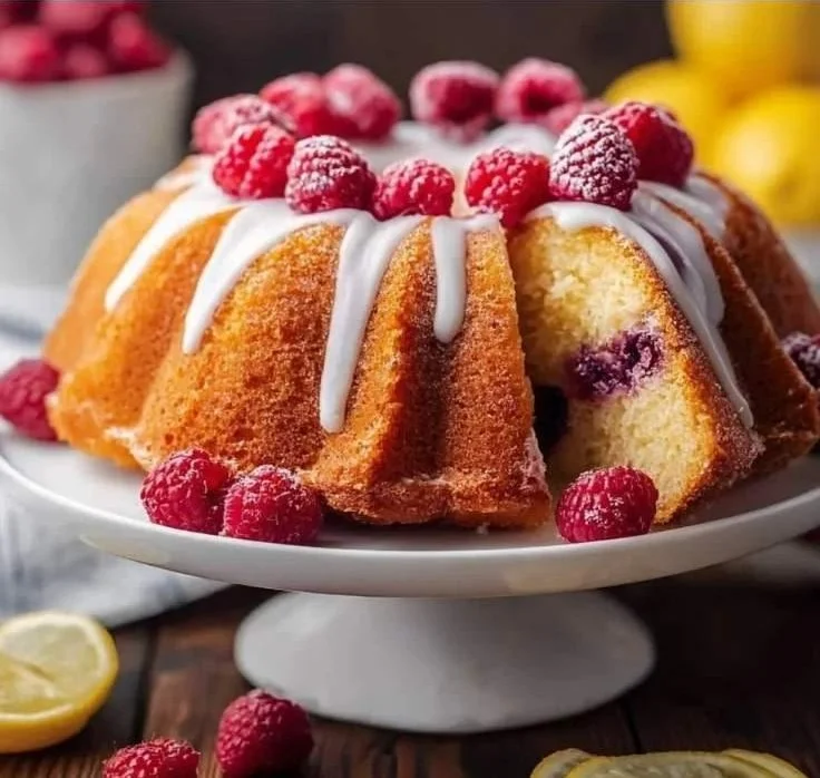 Lemon raspberry bundt cake garnished with fresh raspberries and lemon slices