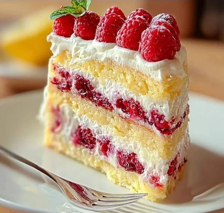 Lemon Raspberry Layered Cake with fresh raspberries and lemon frosting