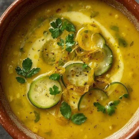 Bowl of refreshing Lemon Zucchini Summer Soup garnished with herbs