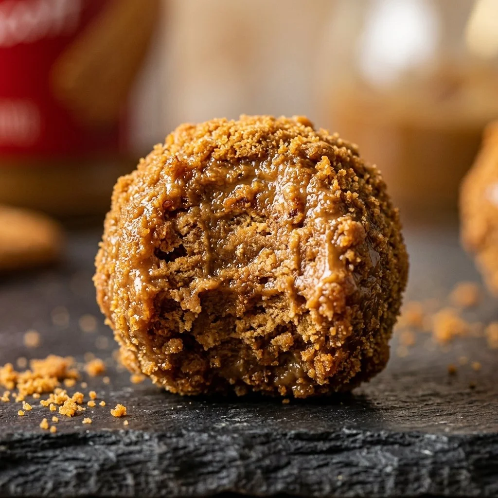 Delicious Lotus Biscoff no-bake truffles topped with chocolate and biscuit crumbs.