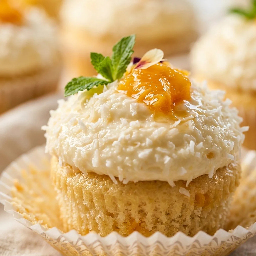 Delicious mango coconut cupcakes topped with creamy frosting.