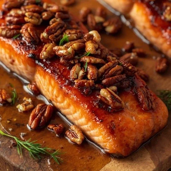 Maple-glazed salmon topped with pecans on a plate, showcasing delicious flavors.