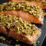 Delicious Maple Pistachio Salmon plated with herbs and garnishments