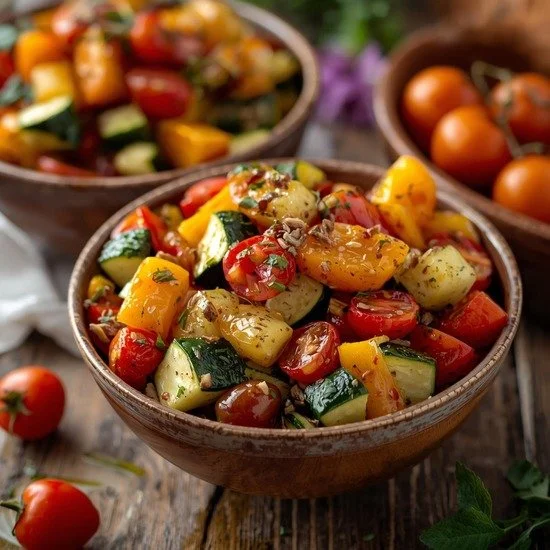 Colorful Mediterranean bowls with roasted vegetables and garnishes