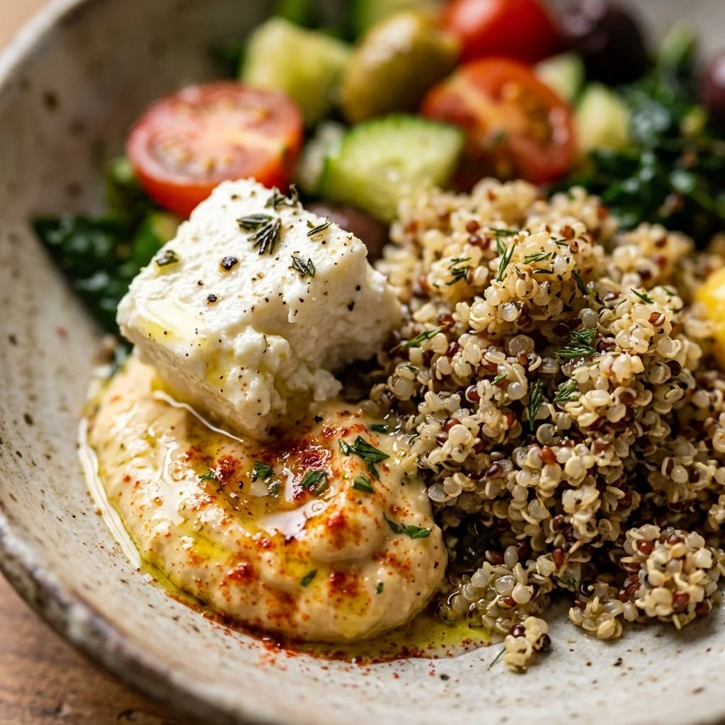 Mediterranean Quinoa Bowl topped with hummus and feta cheese