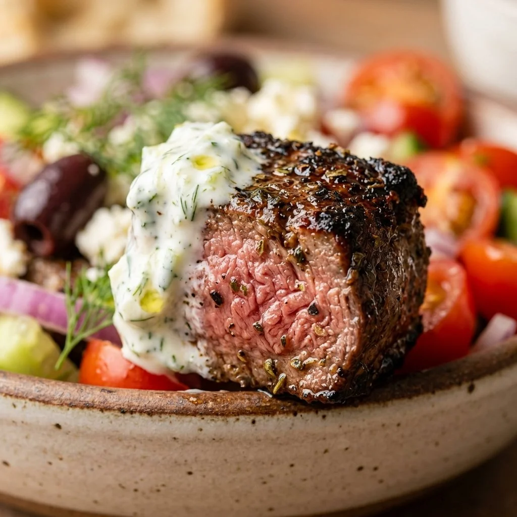 Mediterranean Steak Bowl topped with Tzatziki Sauce and fresh ingredients