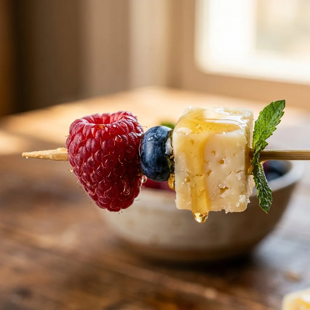Mini fruit and cheese skewers drizzled with honey for a delicious snack