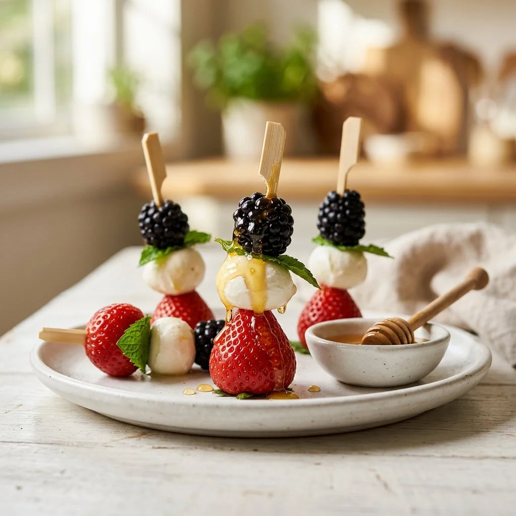 Mini Fruit and Cheese Skewers with Honey Drizzle