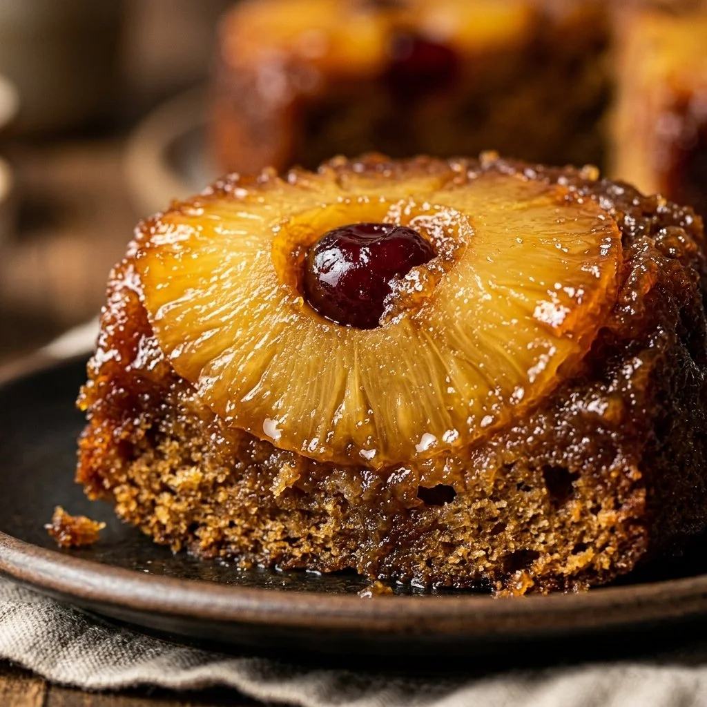 Mini Pineapple Upside-Down Cakes served on a white plate