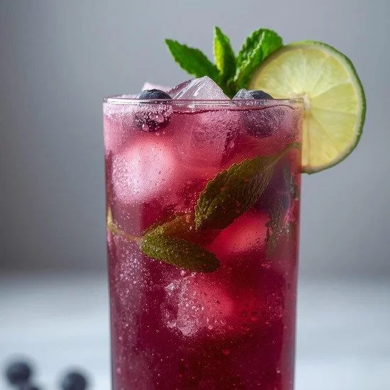 Refreshing Mulberry Mojito mocktail served in a glass with mint leaves
