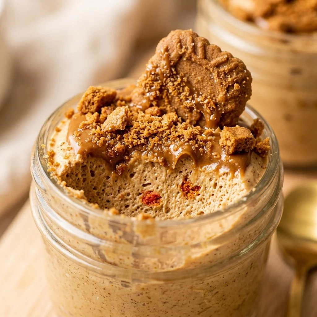 No-bake Biscoff mousse cups topped with cookie crumbs and creamy flavor.