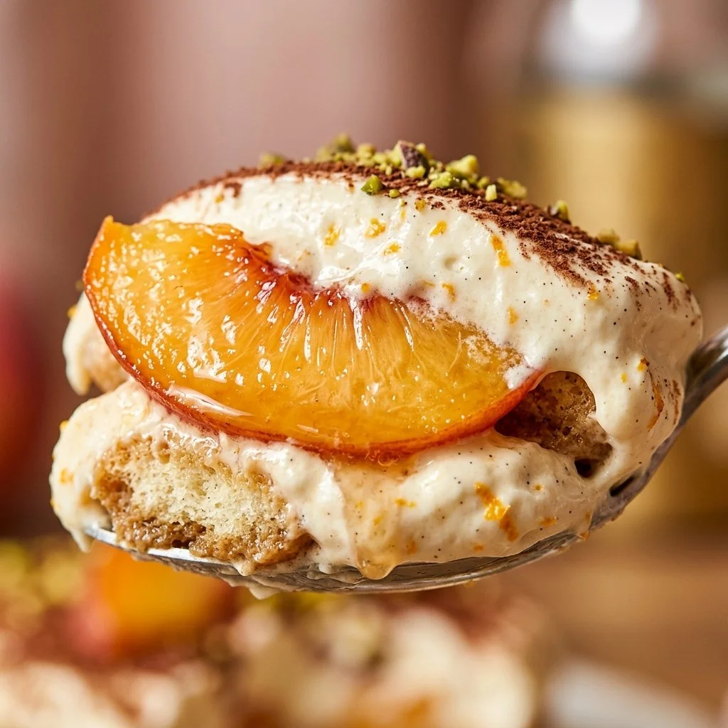 No-bake peach tiramisu dessert layers with mascarpone and peaches