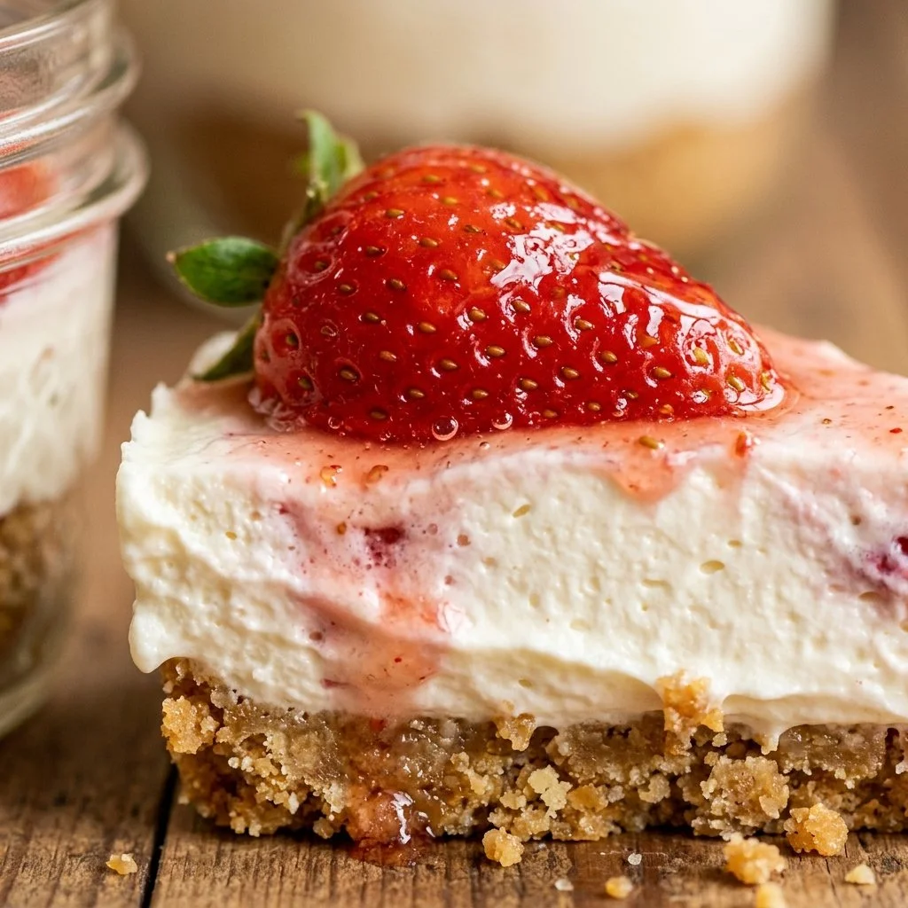 No-bake strawberry cheesecake served in jars with fresh strawberries.
