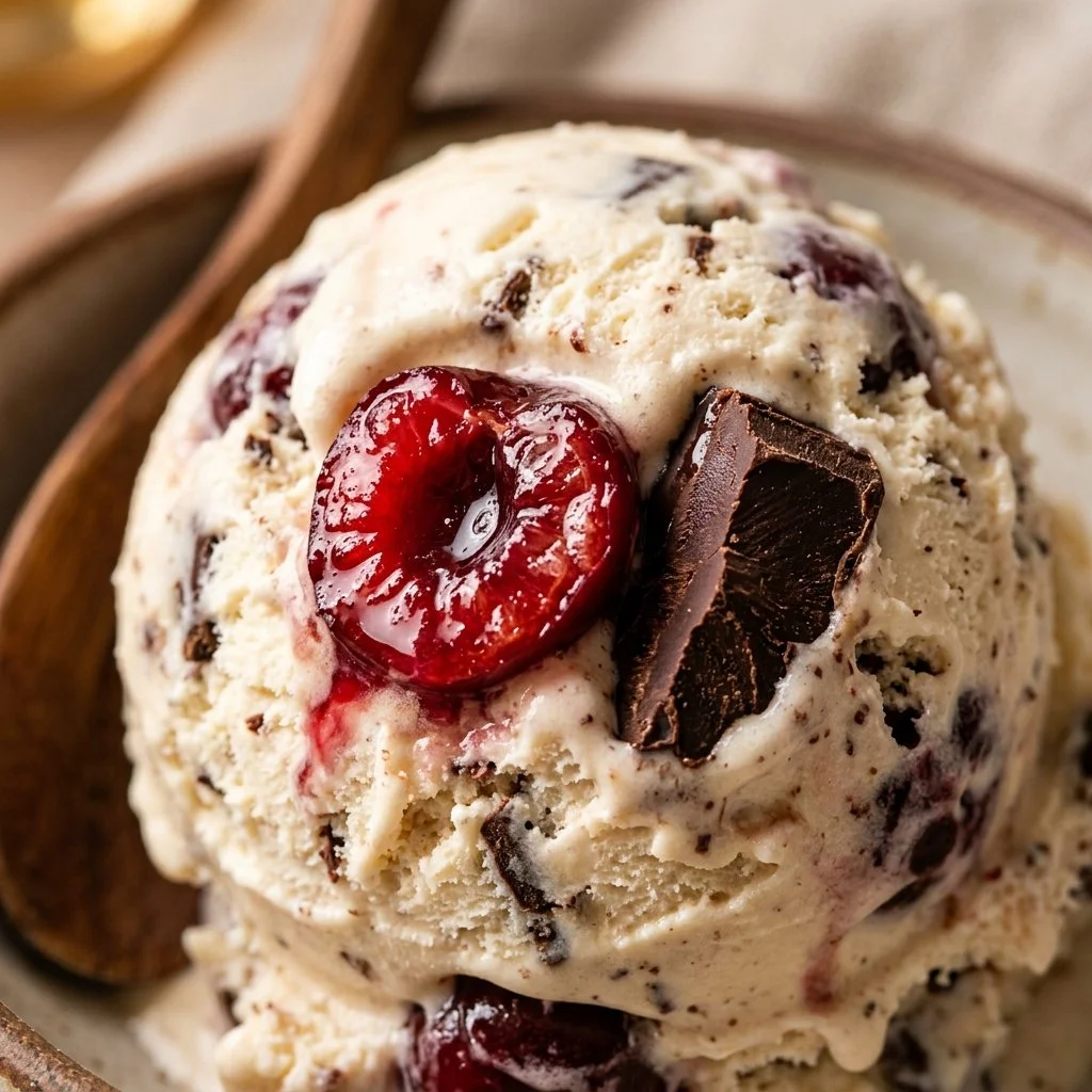 Delicious no-churn ice cream with chunks of sour cherry and chocolate.