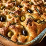 Freshly baked Olive Rosemary Focaccia topped with olives and herbs.
