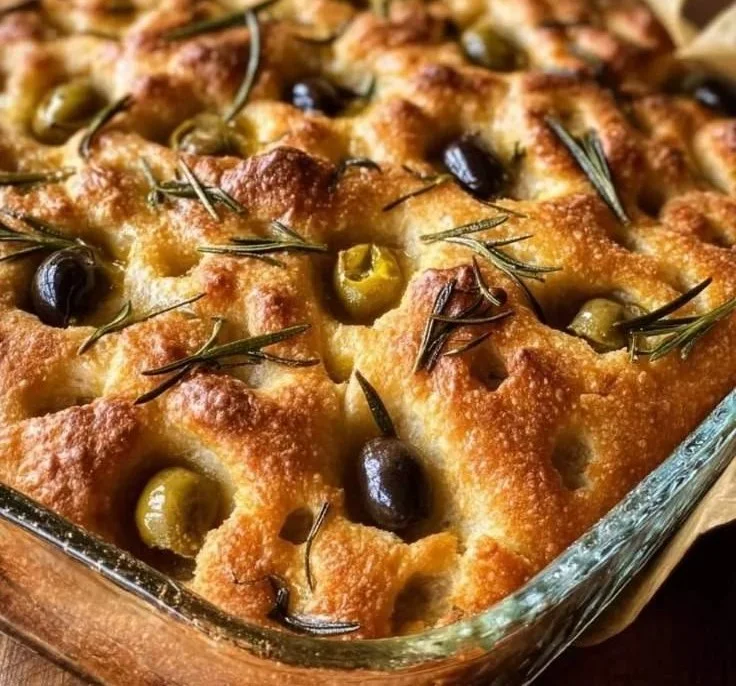 Freshly baked Olive Rosemary Focaccia topped with olives and herbs.