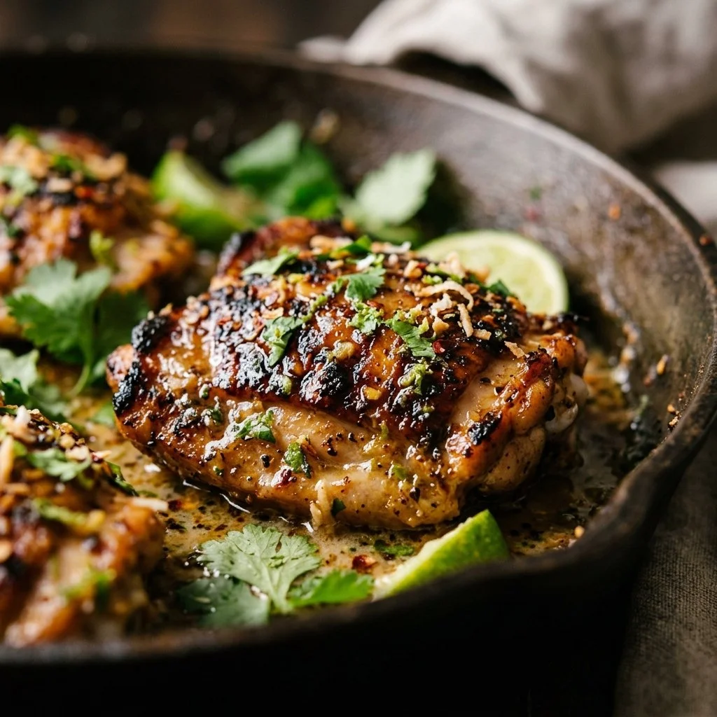 One-Pan Coconut Lime Chicken Skillet garnished with fresh lime and cilantro
