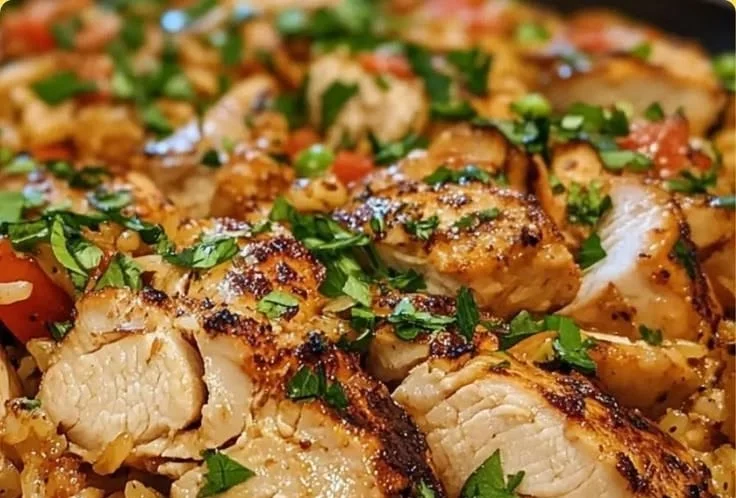 One-pan turkey and rice dinner skillet recipe with colorful vegetables.