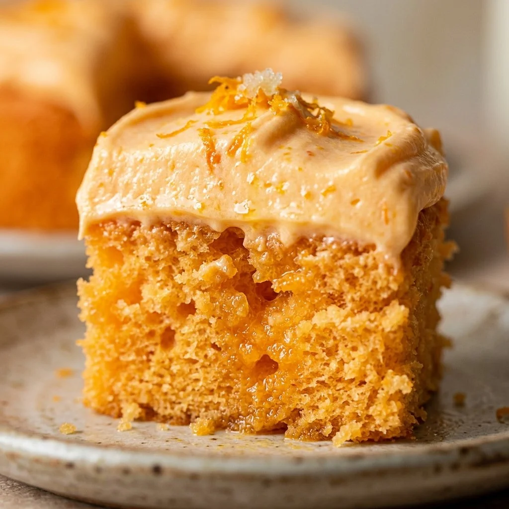 Delicious Orange Creamsicle Poke Cake served on a plate with a slice removed.