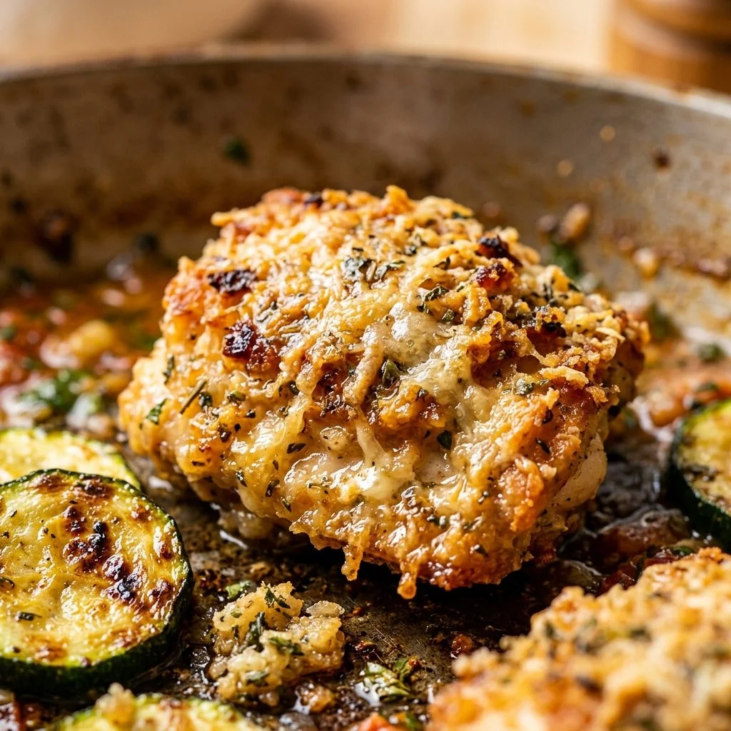 Parmesan-Crusted Zucchini Chicken Skillet served in a pan