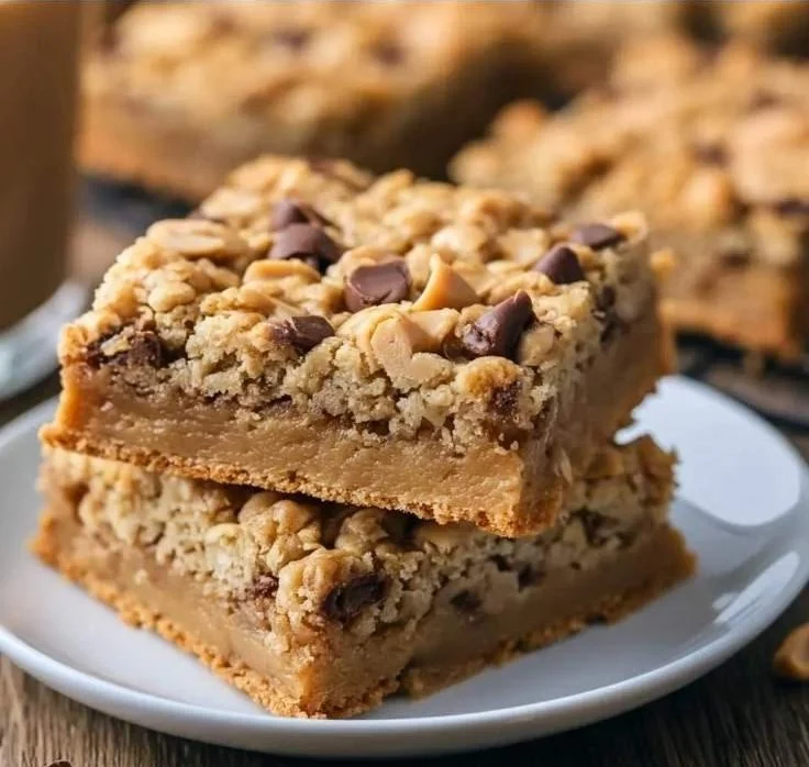 Delicious Peanut Butter Oatmeal Cookie Bars freshly baked on a cooling rack