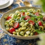 A vibrant bowl of pesto pasta salad with fresh vegetables and herbs.
