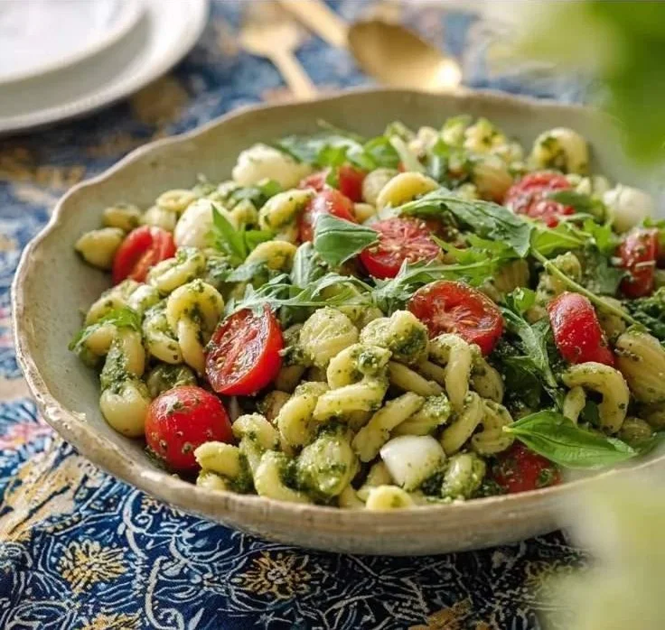 A vibrant bowl of pesto pasta salad with fresh vegetables and herbs.