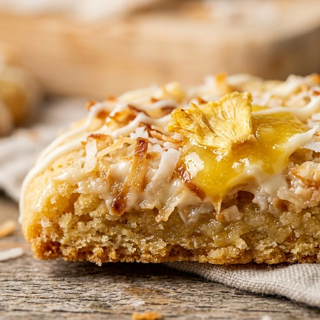 Baked Pina Colada Cookies with coconut and pineapple garnished with a slice of pineapple
