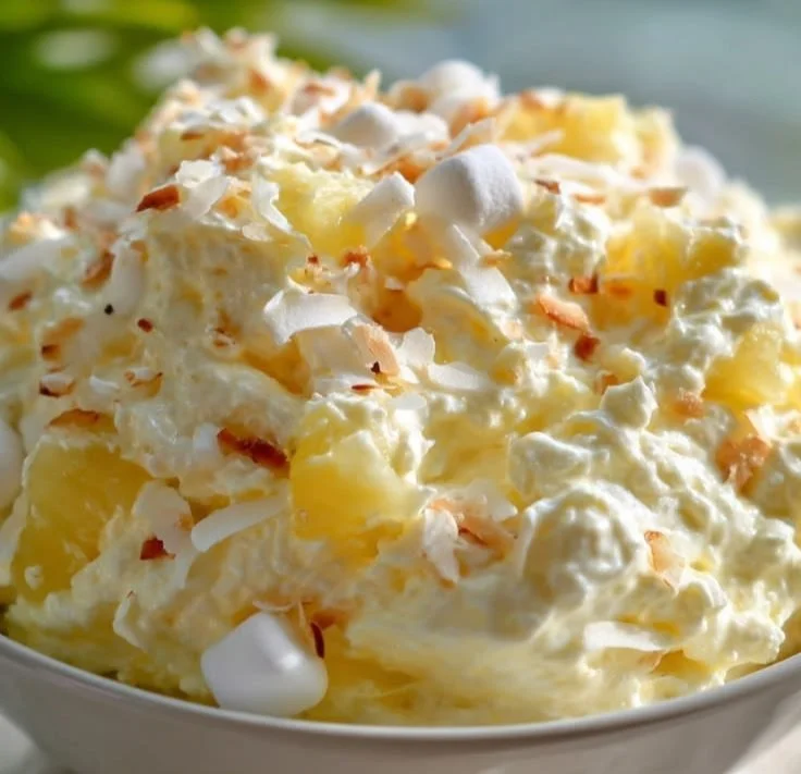 Delicious Pineapple Coconut Mousse served in a glass with fresh pineapple garnish.