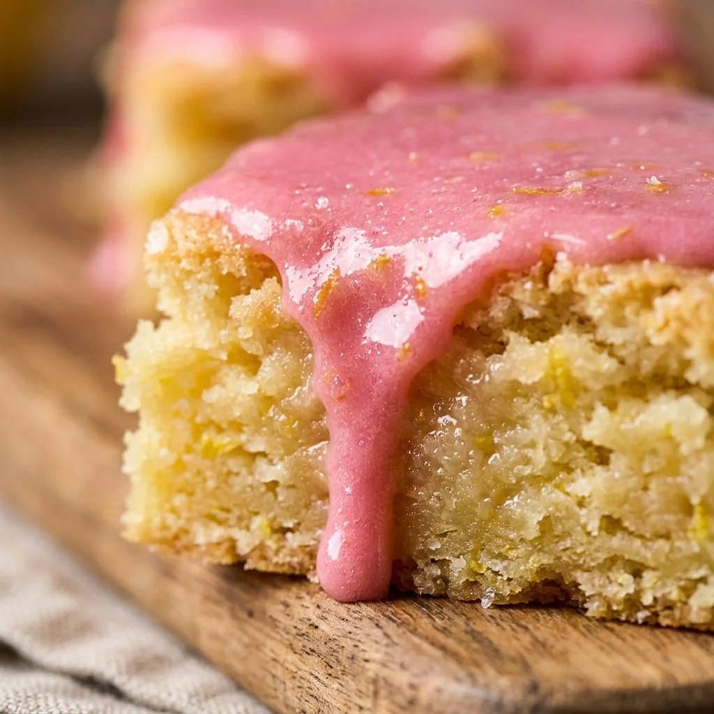 Pink-Glazed Lemonade Brownies with a zesty lemon flavor and a pink glaze on top