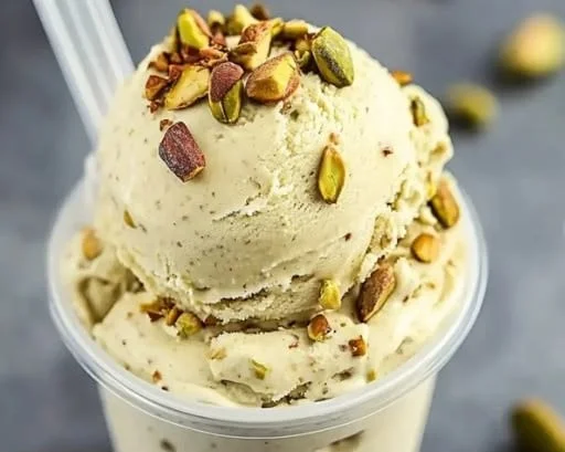Pistachio Ninja Creami Protein Ice Cream in a bowl, topped with crushed pistachios