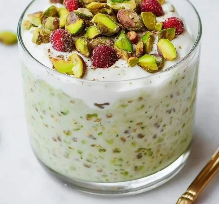 Bowl of pistachio overnight oats topped with nuts and fruit.